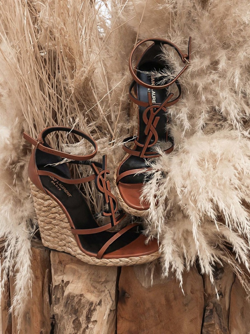 Saint Laurent Cassandra 105 Leather Espadrilles Wedge Sandals in Brown Leather - Picture 2 of 6